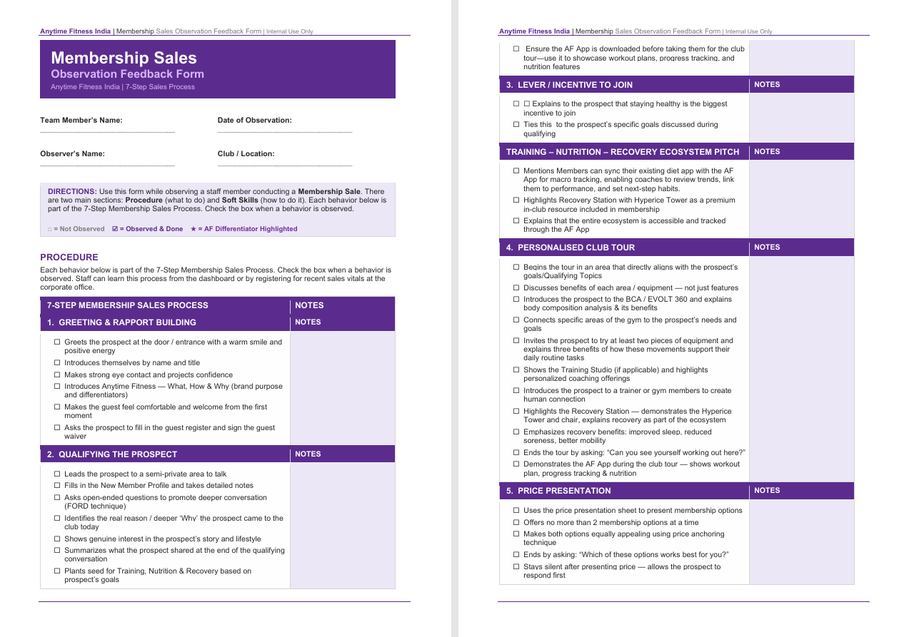 Sales Observation Form Book
